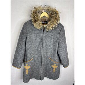 Vintage Subzero Wool Parka Real Fur Hood Thunderbird Appliqué Canada Women XL